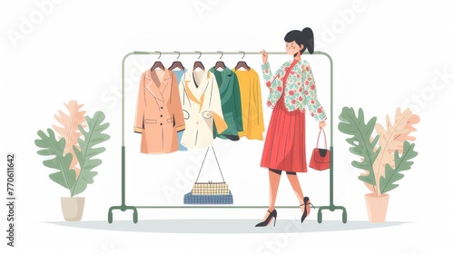 A cheerful and elegant woman selects sweaters from a rack, depicted in an illustration. 