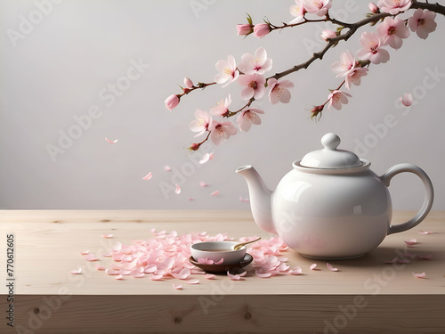 Tea Set Signaling the Arrival of Spring with Sakura Branches photo