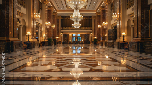 A luxurious hotel lobby with grand marble floors and opulent chandeliers.