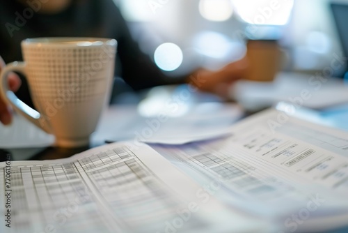 spreadsheet printouts on desk, worker drinking coffee, blurred photo