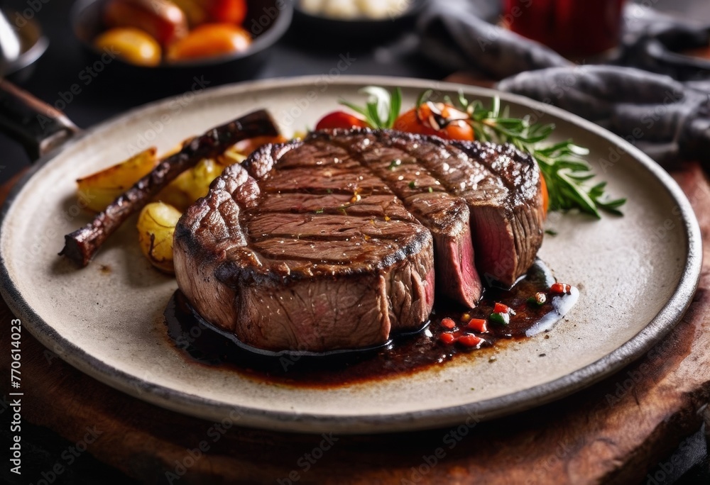A steak is cut in half and is sitting on a plate with a side of bread. AI generated. A steak is cut in half and is sitting on a plate with a side of bread. AI generated.