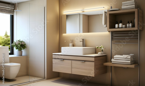 3d render of modern bathroom interior design with shower and toilet