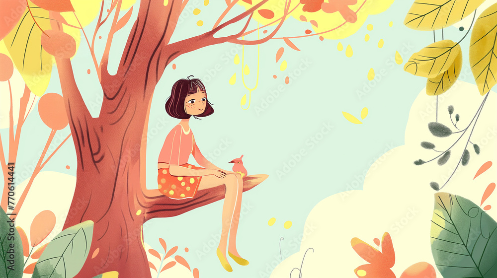 Garota fofa sentada em uma árvore - Ilustração infantil
