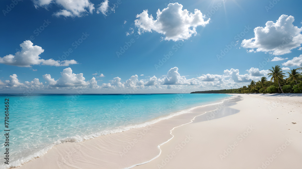Beautiful beach with white sand, turquoise ocean water and blue sky with clouds in sunny day. Panoramic view. Natural background for summer vacation. Beautiful beach with white sand, turquoise ocean water and blue sky with clouds in sunny day. Panoramic view. Natural background for summer vacation.