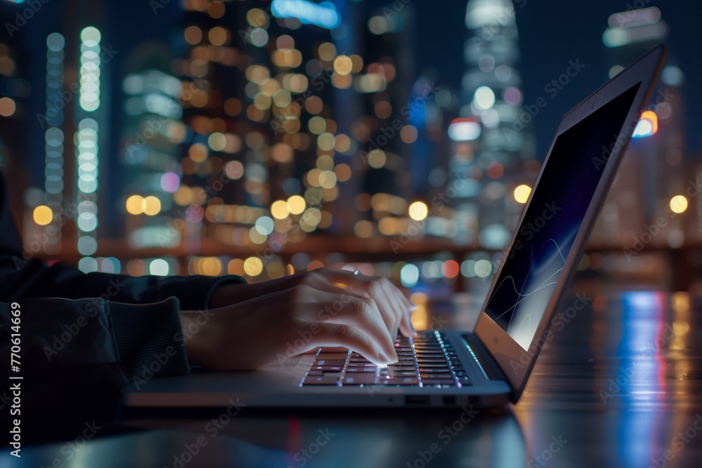 employee typing on laptop with city skyline backlight at night