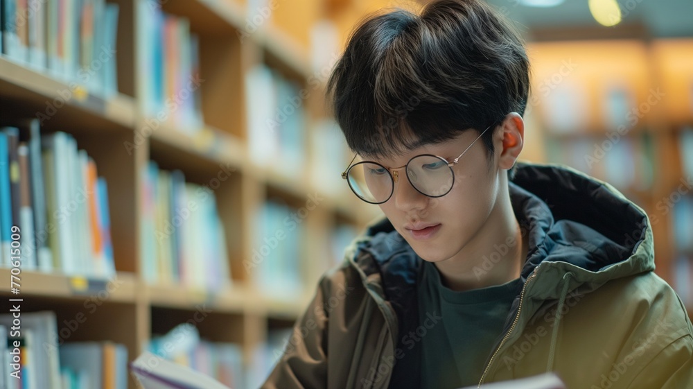 Student engages deeply in reading at library to enhance knowledge and skills Student engages deeply in reading at library to enhance knowledge and skills