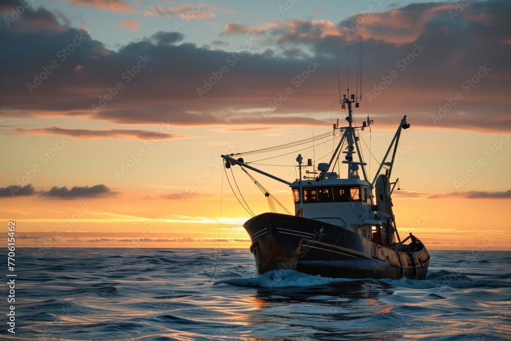 commercial fishing vessel with dramatic dawn sky on the horizon