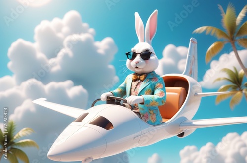 A rabbit is driving a small plane with sunglasses. AI generated.