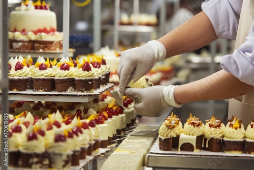 person manually decorating cakes on factory assembly line photo