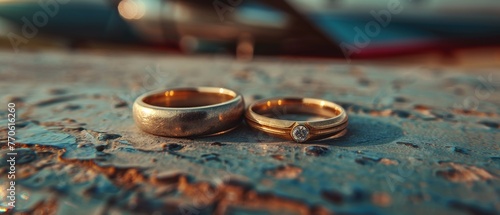 Wedding rings and a model airplane, aviation lovers photo
