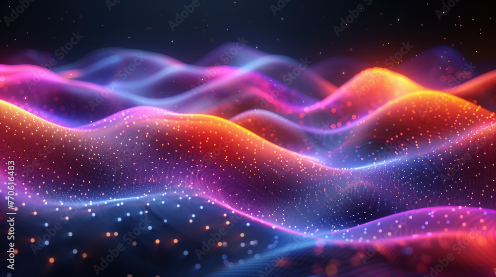 Shimmering waves in shades of pink and blue on a dark abstract background. Shimmering waves in shades of pink and blue on a dark abstract background.