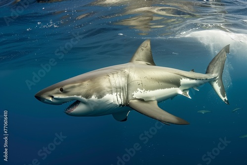 side view of a great white shark with mouth agape