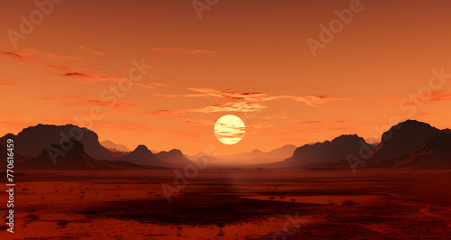 a desert landscape with the sun setting over the horizon