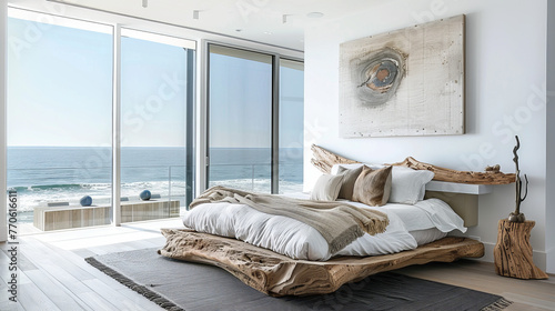 A serene bedroom with a large bed and wooden headboard, overlooking the ocean through floor-to-ceiling glass windows