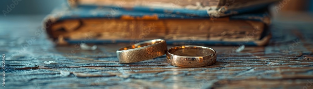 Wedding rings and old photographs, nostalgic composition Wedding rings and old photographs, nostalgic composition