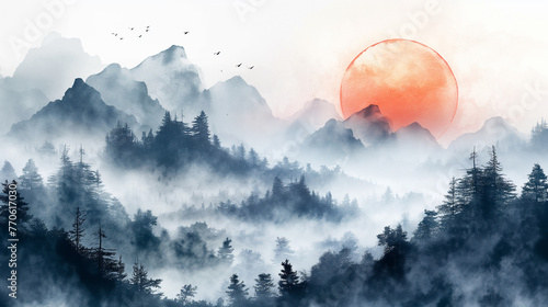 Sunrise landscape with misty forest, distant mountains and sunrise sky. Traditional oriental ink painting sumi-e, u-sin, go-hua. #770617030