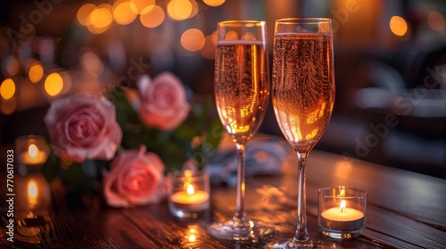 Champagne and beautiful rose bouquet. Romantic date, candle light dinner setting  © Denis