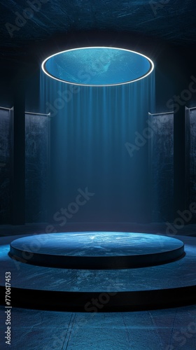 Circular stage with a cylindrical tabletop, dark blue tones, CINEMA4D 4d rendering style, centered composition, Deep blue round podium  photo