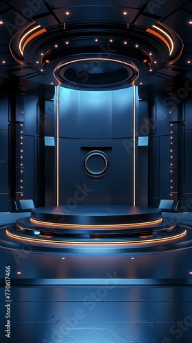 Circular stage with a cylindrical tabletop, dark blue tones, CINEMA4D 4d rendering style, centered composition, Deep blue round podium  photo
