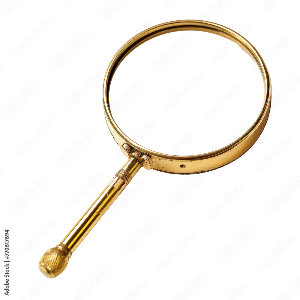 A classic gold magnifying glass isolated on transparent background, cut out, png A classic gold magnifying glass isolated on transparent background, cut out, png
