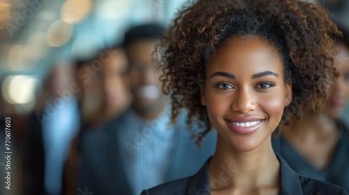happy businesspeople smiling while waiting in line