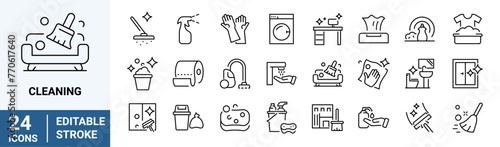 Cleaning web icons in line style. Dusting, cleaning, vacuuming, washing, changing, organizing. Vector illustration. Editable stroke.