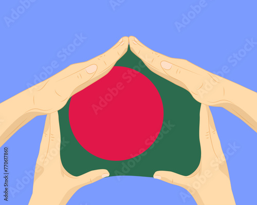 Hand home with Bangladesh flag, residential or investment idea, housing and home concept