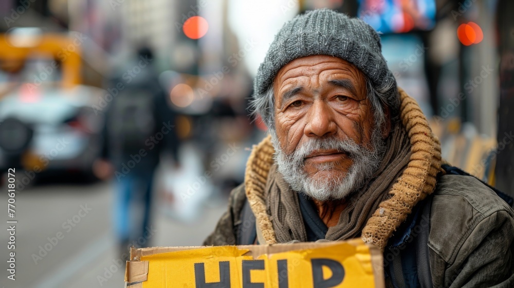 the image of a homeless man sitting on a city sidewalk, his face lined with lines of adversity and despair. He holds a cardboard sign that says "HELP" asking for help. - obrazy, fototapety, plakaty 