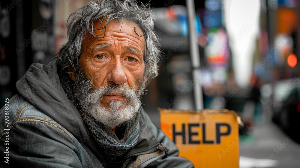 the image of a homeless man sitting on a city sidewalk, his face lined with lines of adversity and despair. He holds a cardboard sign that says "HELP" asking for help. - obrazy, fototapety, plakaty 