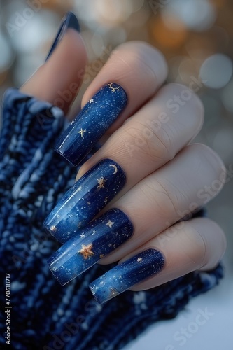 Nail designs featuring zodiac signs, pretty stars, and twinkling nail art. 