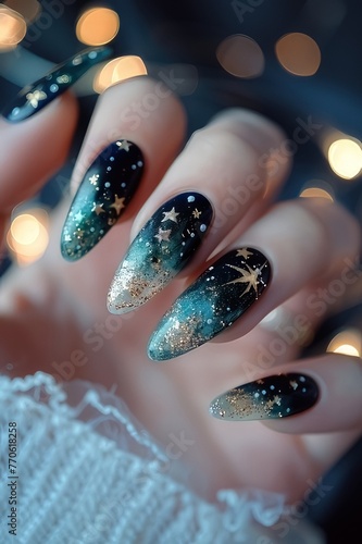 Nail designs featuring zodiac signs, pretty stars, and twinkling nail art. 