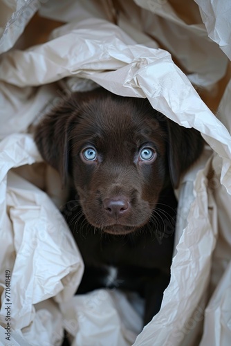 Cute darkbrown labradorretriever puppy, looking into the camera, light blue eyes, wrapped in white  photo