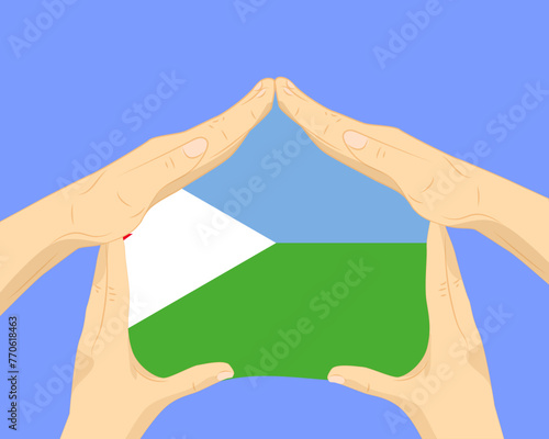 Hand home with Djibouti flag, residential or investment idea, housing and home concept