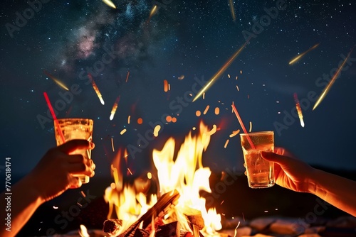 friends toasting with drinks by fire, meteors streaking above
