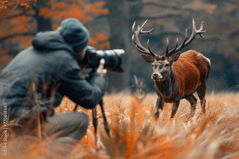 A wildlife photographer kneeling in the grass, holding his camera and taking pictures of a red deer running across him from behind - obrazy, fototapety, plakaty 