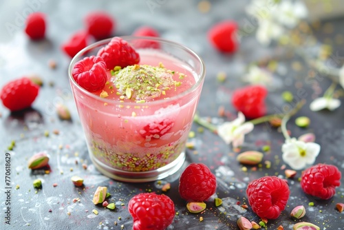 rosewater gel with pistachio dust and fresh raspberries photo
