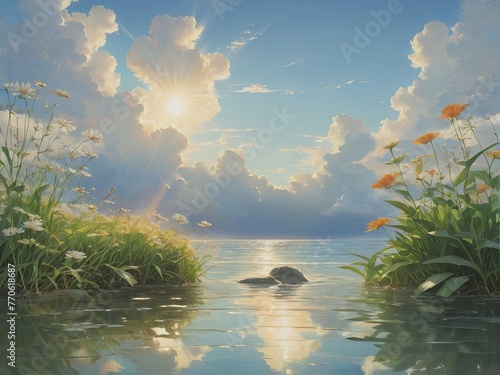 At dawn, the lake reflected the sun and cloud scenery, and there were water plants and flowers on the shore. Illustration style. AI generation.