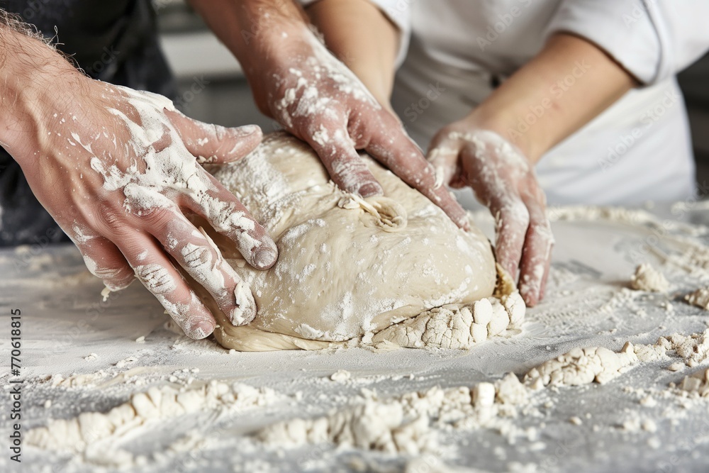 pair kneading bread dough on a floured kitchen surface