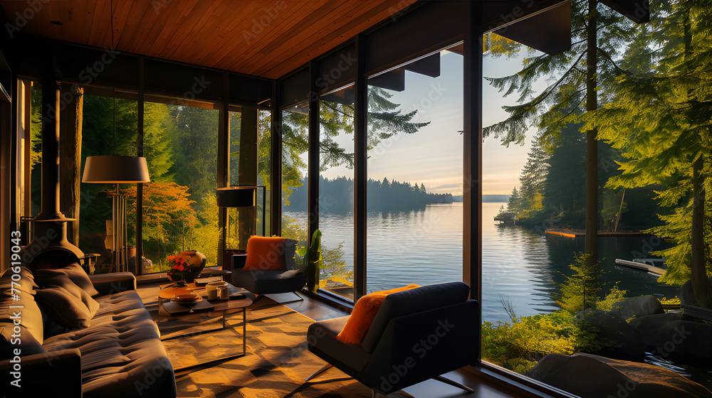 Fototapeta premium The beauty of nature as seen through the living room windows of a modern lake house. 