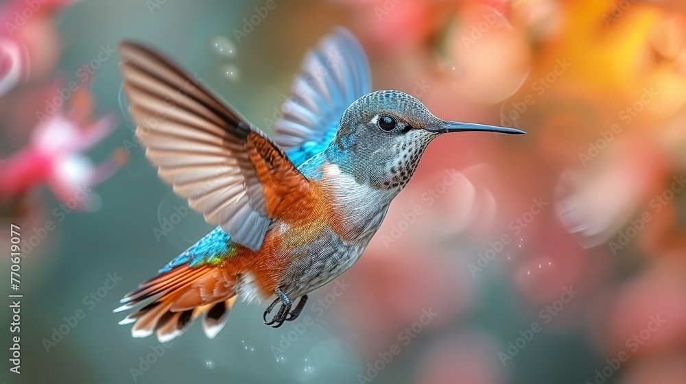 A vibrant bird in flight against a backdrop of softly blurred pink and yellow flowers A vibrant bird in flight against a backdrop of softly blurred pink and yellow flowers