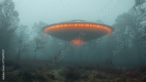  In the heart of a mist-shrouded forest, a colossal alien object looms amidst trees and dense undergrowth
