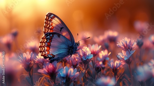   A tight shot of a butterfly atop a bloom against a softly blurred backdrop of pink and blue flowers © Wall