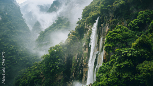 A majestic waterfall cascading down a rugged cliff surrounded by lush greenery. photo
