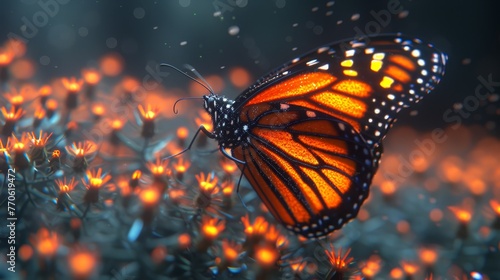   A tight shot of a butterfly atop a plant, backdrop and lights softly blurred © Wall