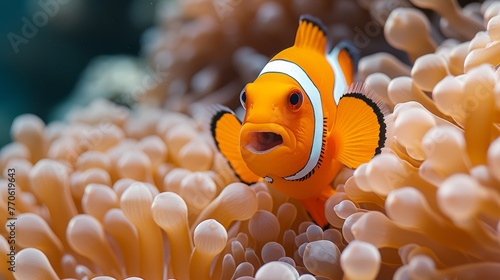   A close-up of a clownfish in an anemone