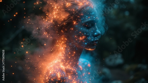  A woman's face is adorned with vibrant blue and orange sparkles against a dark backdrop
