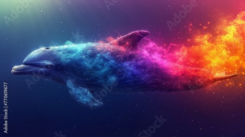   A whale, vibrantly colored, suspended in an airy expanse; from its maw, a radiant rainbow emerged Behind, a starlit night sky shimmered photo