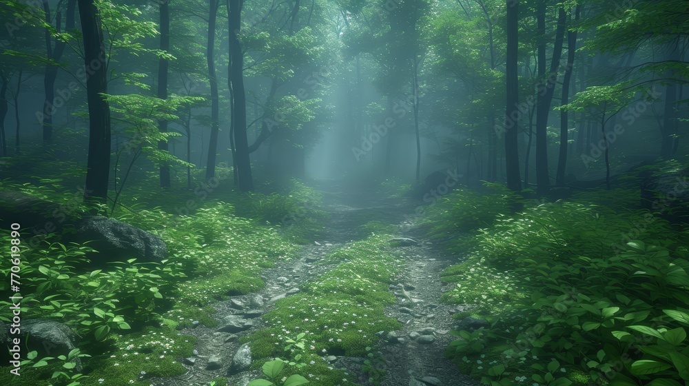 Obraz premium A forest path, lined with verdant foliage on either side, features a beaming light that penetrates the tree canopy