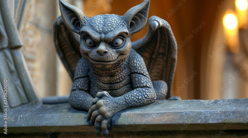 A gargoyle figurine sits on a ledge in front of a building statue A gargoyle figurine sits on a ledge in front of a building statue