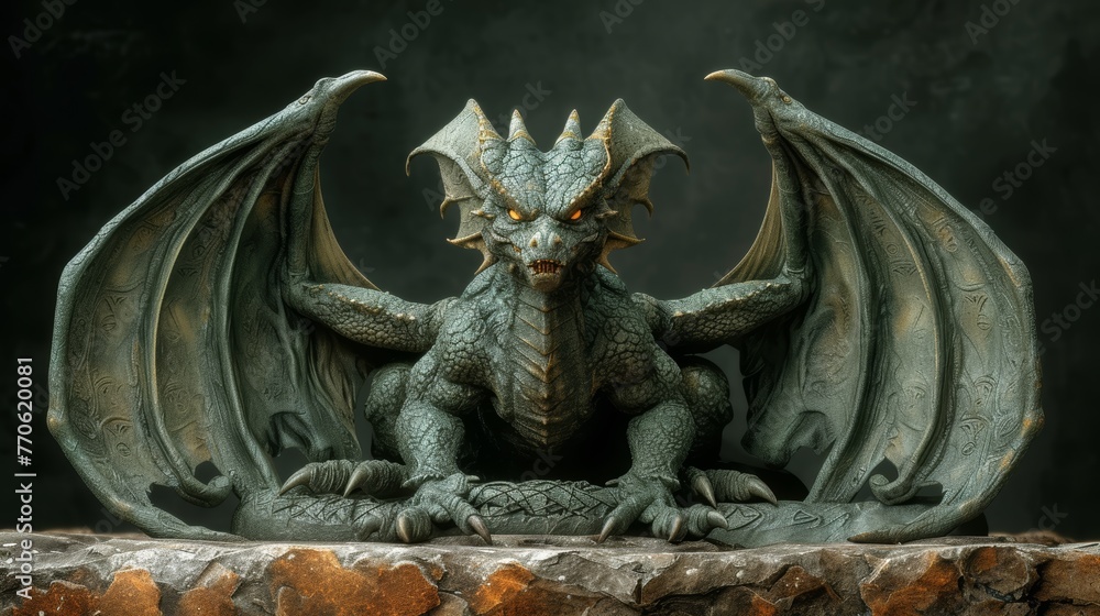   A dragon statue atop a stone slab against a dark backdrop and a surrounding stone wall